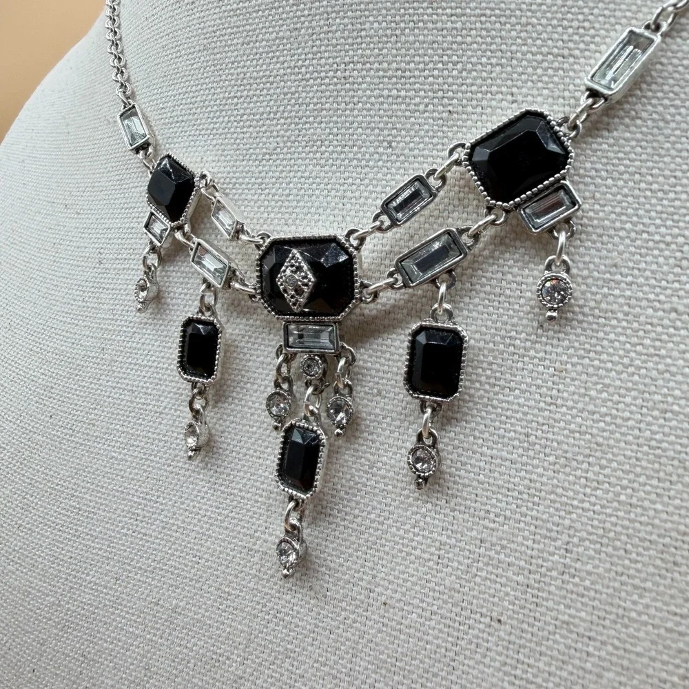 Black Faceted Crystal Rhinestone Silver Tone Dangle Bib Statement Necklace Deco